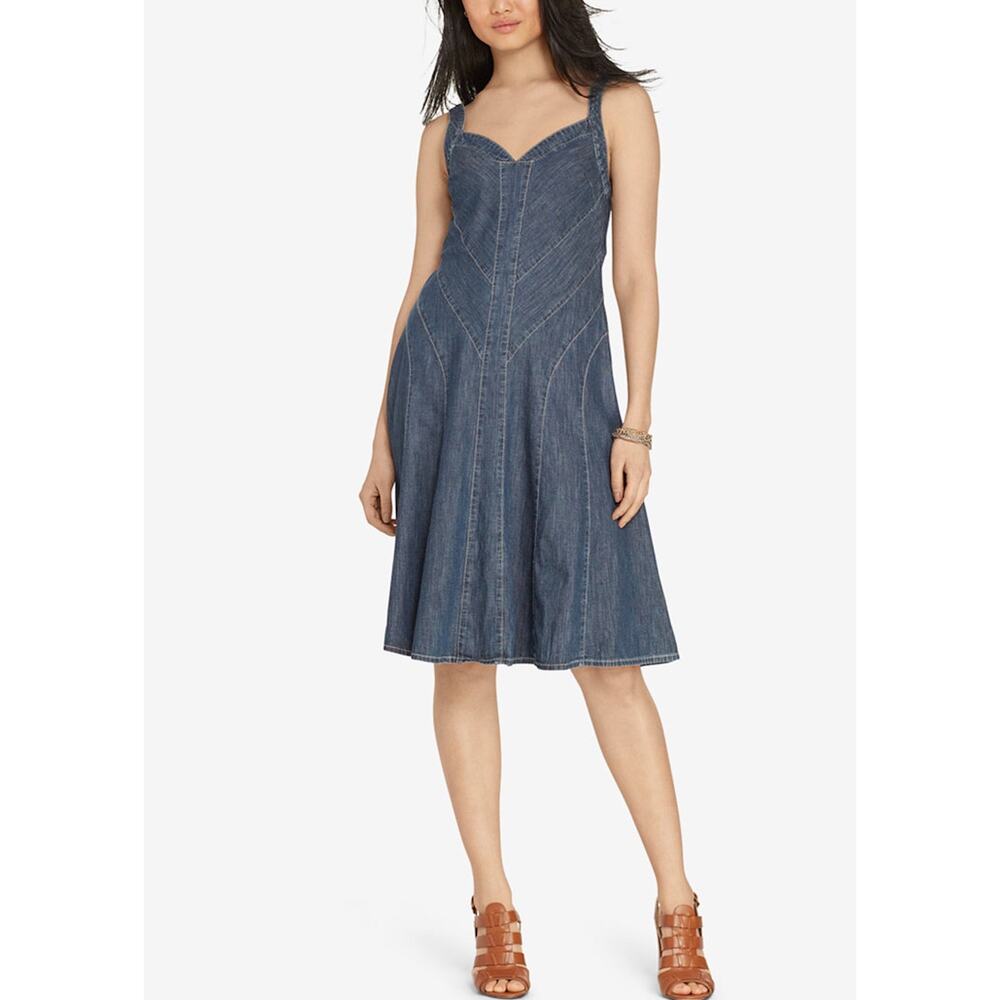 Lauren Ralph Lauren Womens 6 Blue Lightweight Denim Chevron Fit Flare Midi Dress